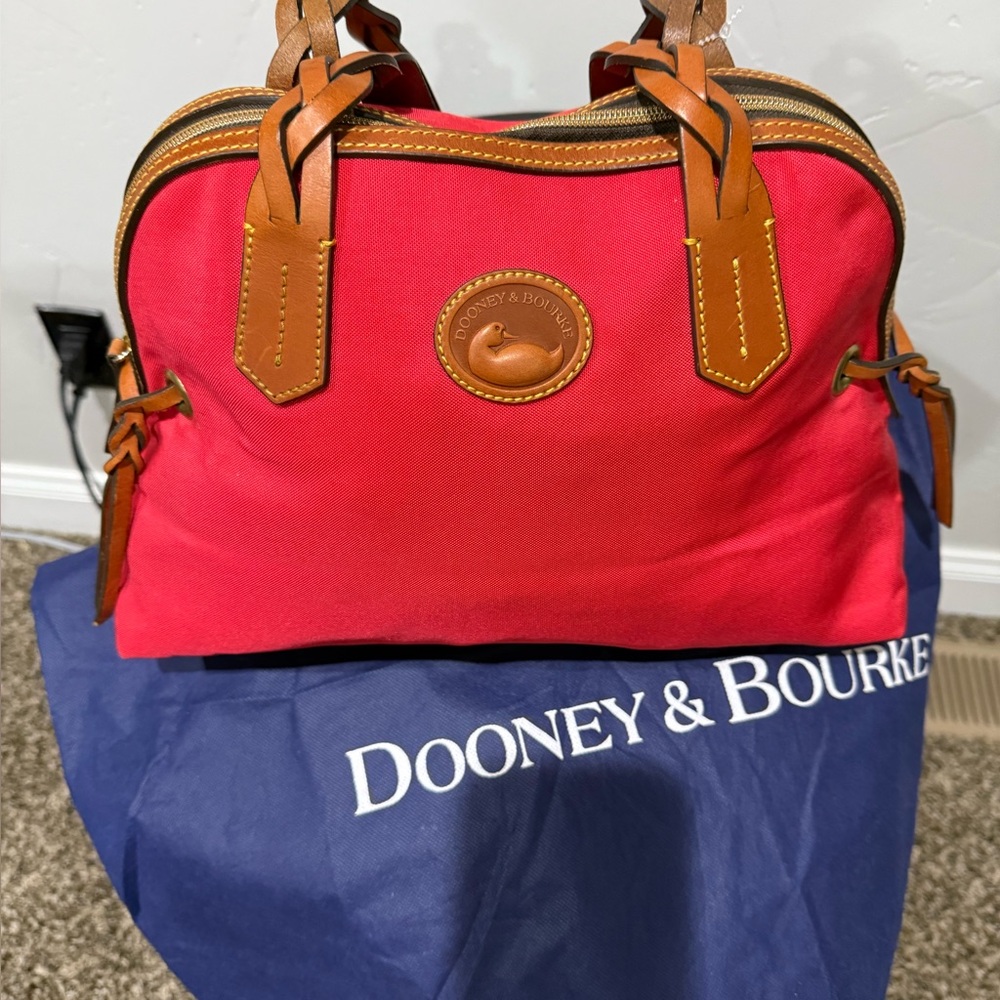 Dooney & Bourke Red Canvas Satchel / Brown Leather Handles and large Duck creed!